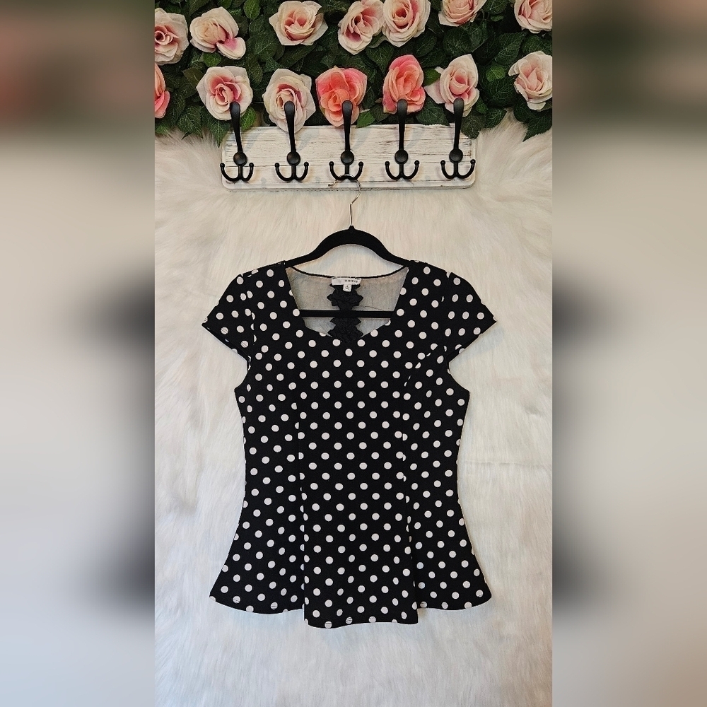 Mauve Retro Polka Dot, Lace & Mesh Peplum Blouse